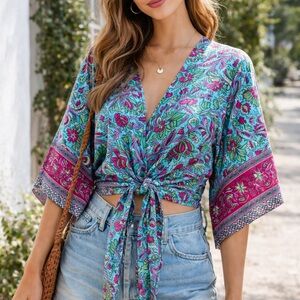 Ipanima Boho Floral Kimono Wrap Top | Tie Front | One Size